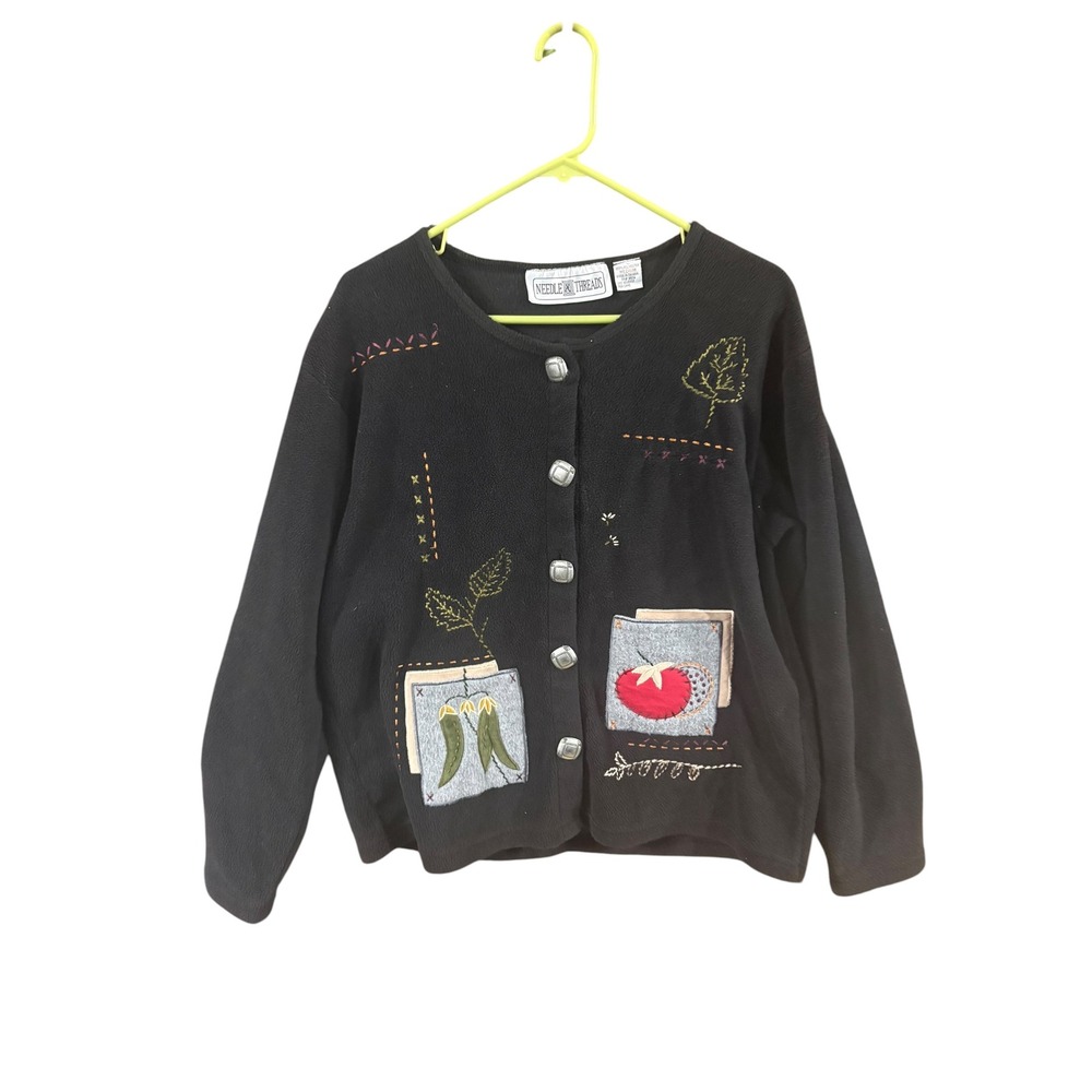 Needle & Threads Black Fleece Cardigan Embroidered Garden Tomato Pepper‎ Medium